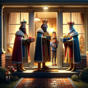 Three kings bring gifts for young children on Epiphany