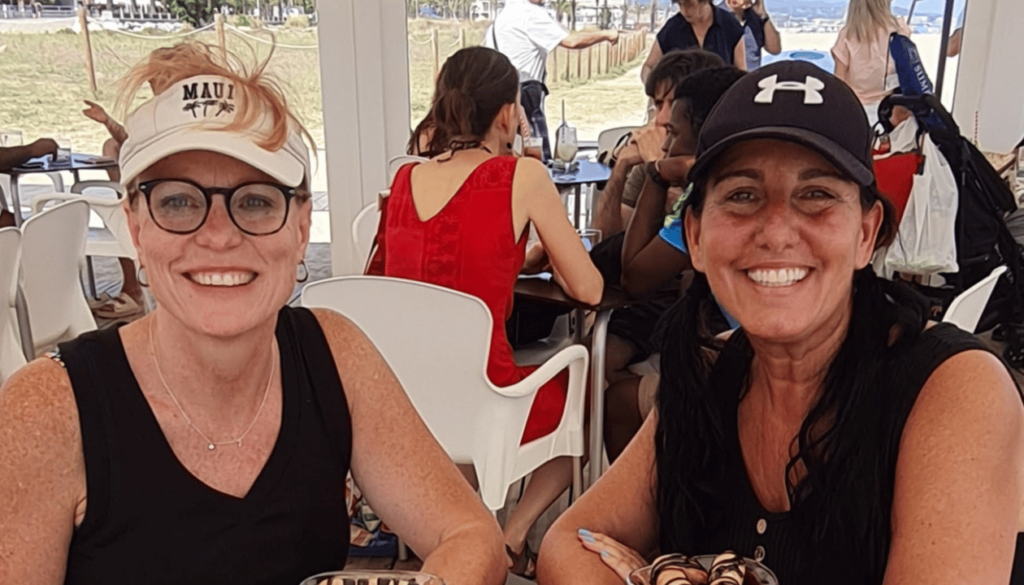 Spanish lessons with a view — Heather and I at a chiringuito on Mataró beach.