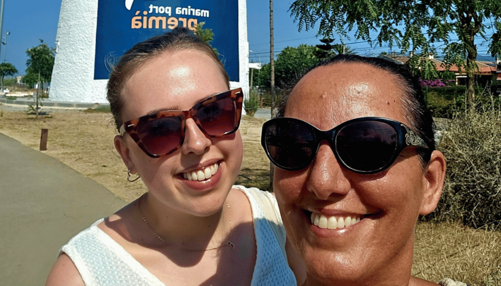 Eleanor and Monica at Premià de Mar – Antic Far de Premià Lighthouse in the Background
