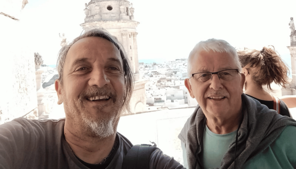 Spanish immersion with a view — Paul and I at the iconic Catedral de Cádiz.